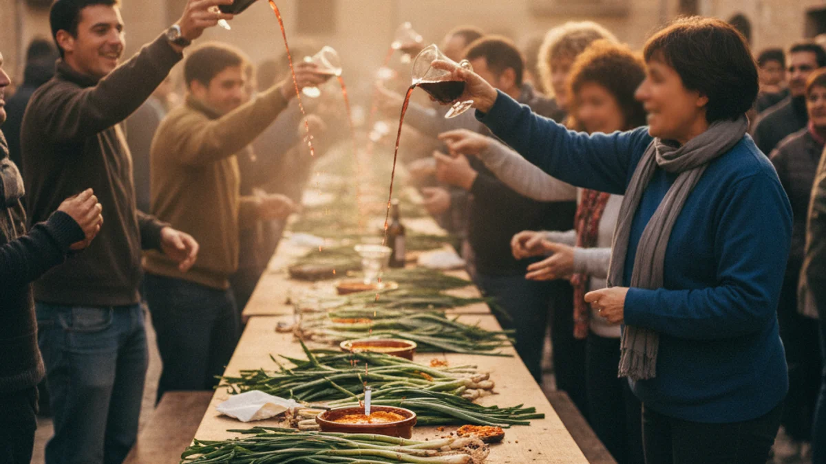 Imagen genérica de una celebración gastronómica popular en la plaza de un pueblo con mesas y brasas.