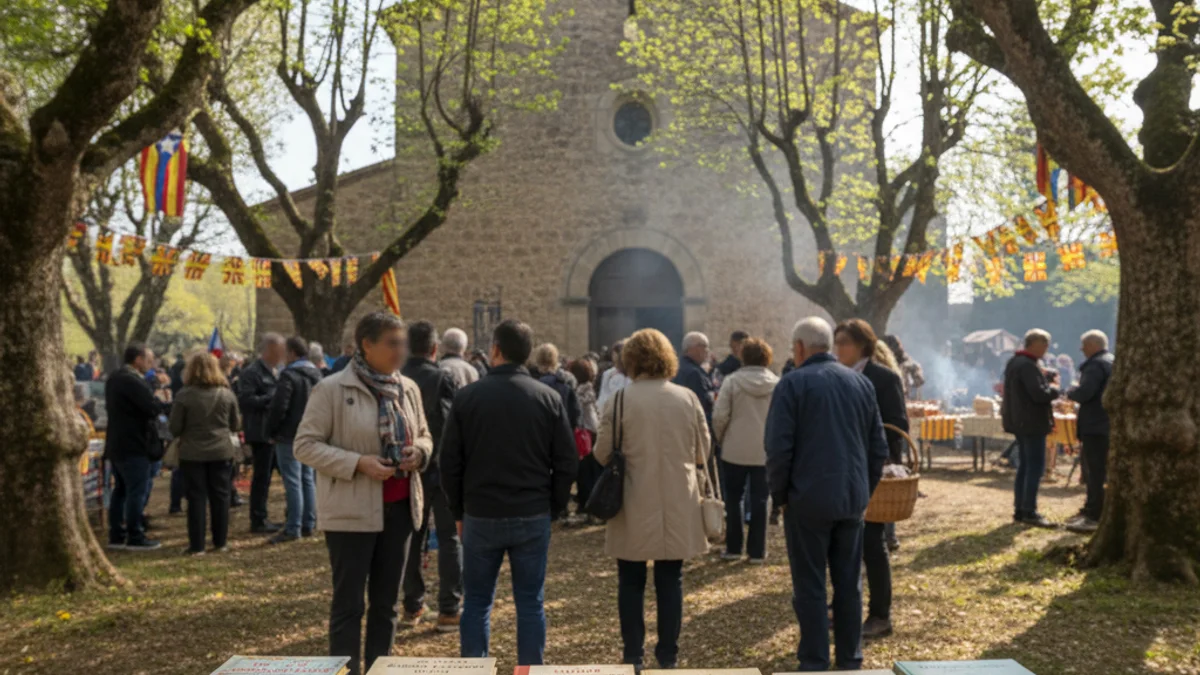 Generic image of a children's book in front of a traditional Catalan sanctuary surrounded by forest.