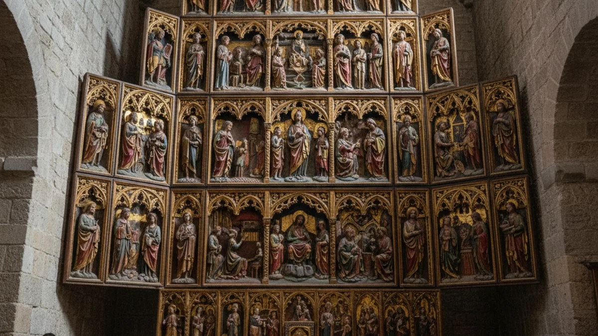 Generic image of a Renaissance carved wood altarpiece inside a Romanesque church.