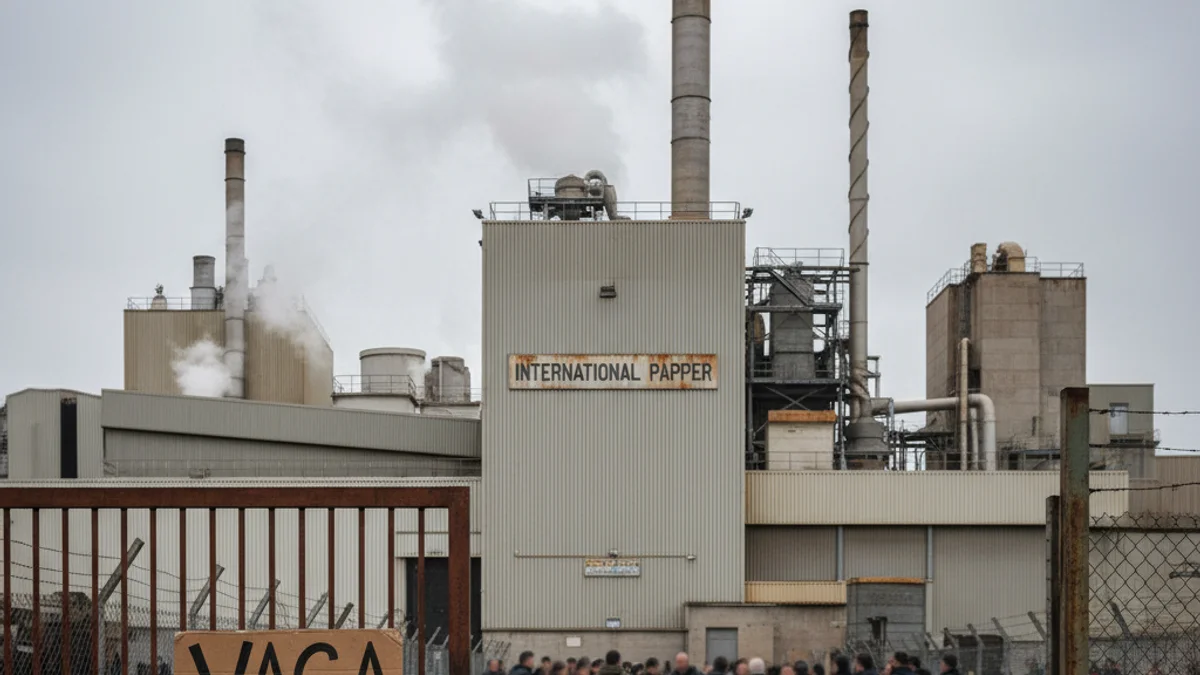 Imatge genèrica de l'exterior d'una planta industrial paperera amb un ambient de protesta laboral.