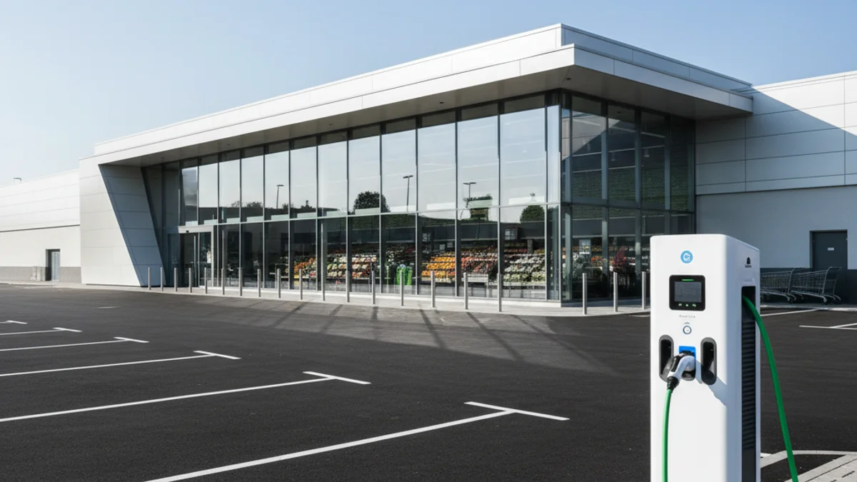 Generic image of a modern supermarket with electric vehicle charging points.