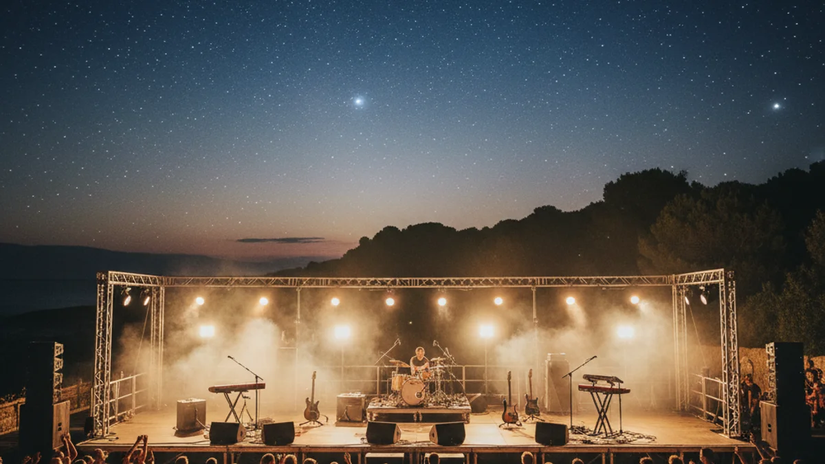 Generic image of an outdoor music festival stage at night by the coast.