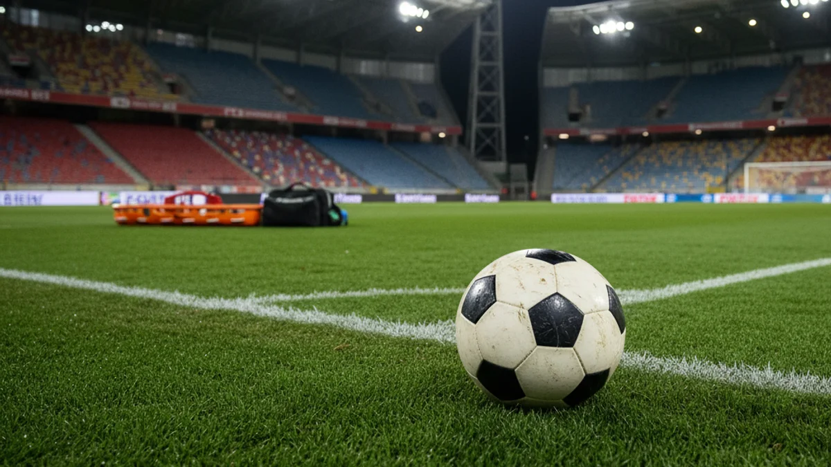 Imagen genérica de un balón de fútbol en un estadio vacío bajo los focos.
