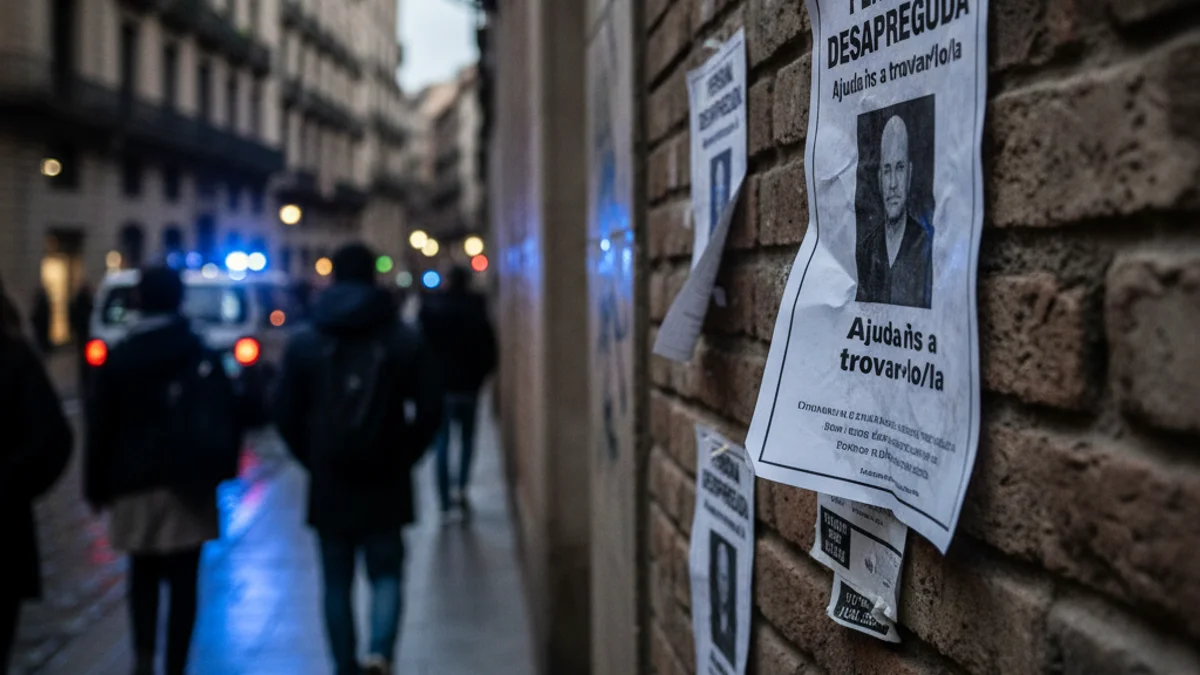Imatge genèrica de cartells de cerca d'una persona desapareguda en una paret urbana amb llums policials difuminades al fons.