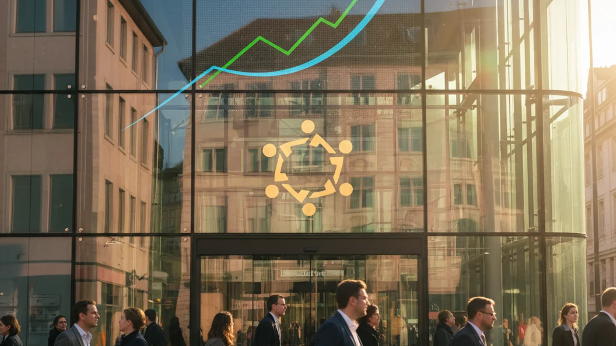 Imatge genèrica d'un gràfic financer amb tendència a l'alça davant d'un edifici d'oficines modern.