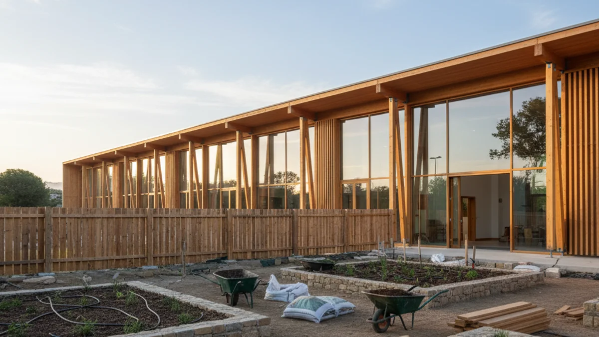 Imatge genèrica d'una residència de gent gran moderna i sostenible amb grans finestrals.