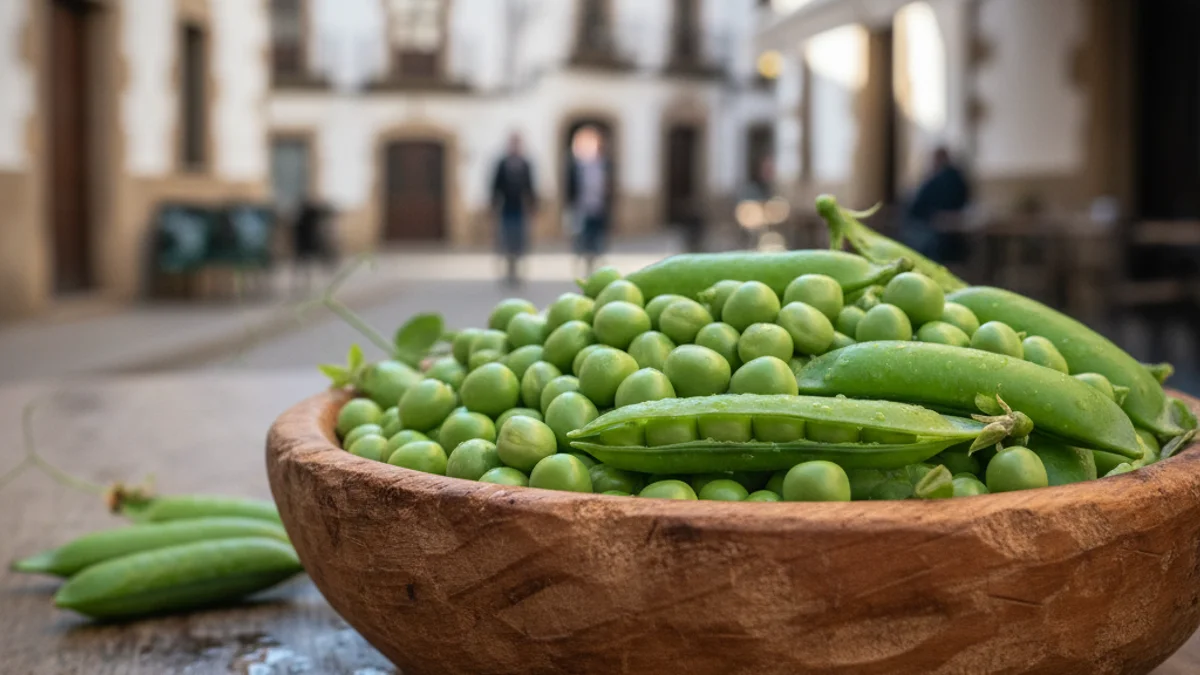 Generic image of fresh peas in a wooden bowl on a table.