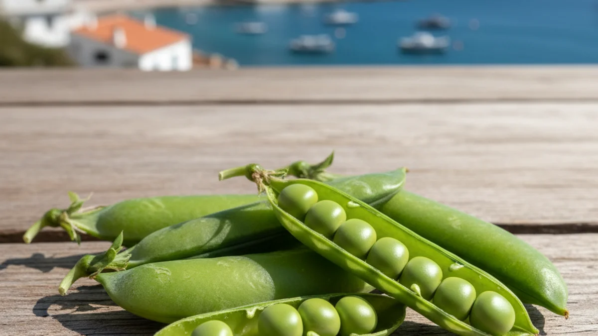 Imatge genèrica d'uns pèsols frescos de la varietat floreta sobre una taula de fusta.