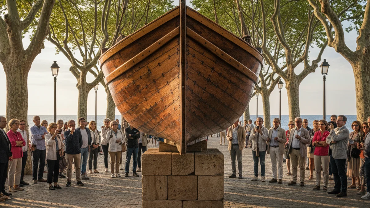 Imatge genèrica d'una antiga embarcació de fusta restaurada com a monument en un passeig marítim.
