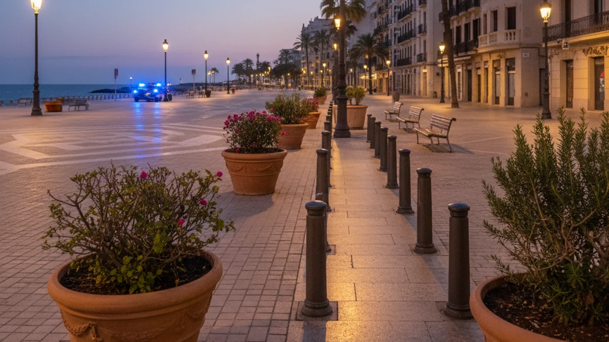 Generic image of a coastal promenade with urban furniture and evening lighting.