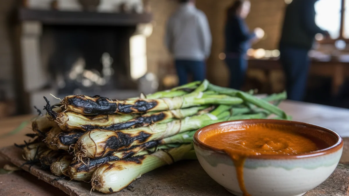 Imagen genérica de unos calçots cocinados servidos sobre una teja con salsa romesco.
