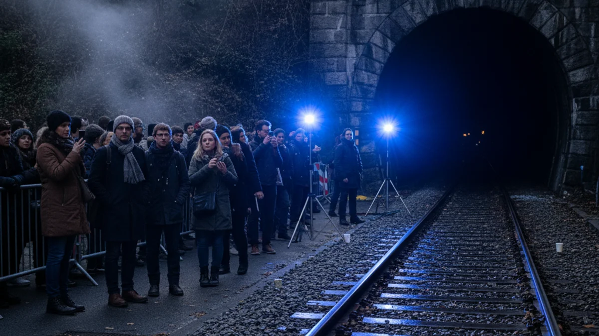 Generic image of a railway tunnel entrance with emergency lights.
