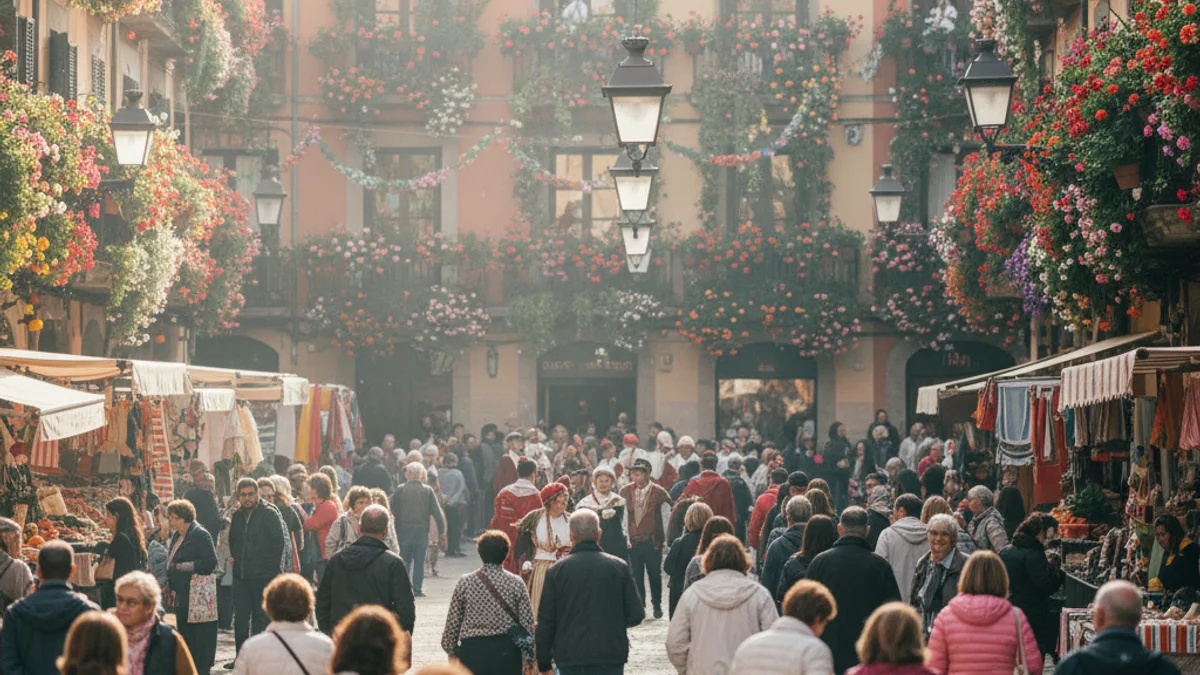 Imatge genèrica d'un carrer decorat amb motius florals durant una fira local a Catalunya.
