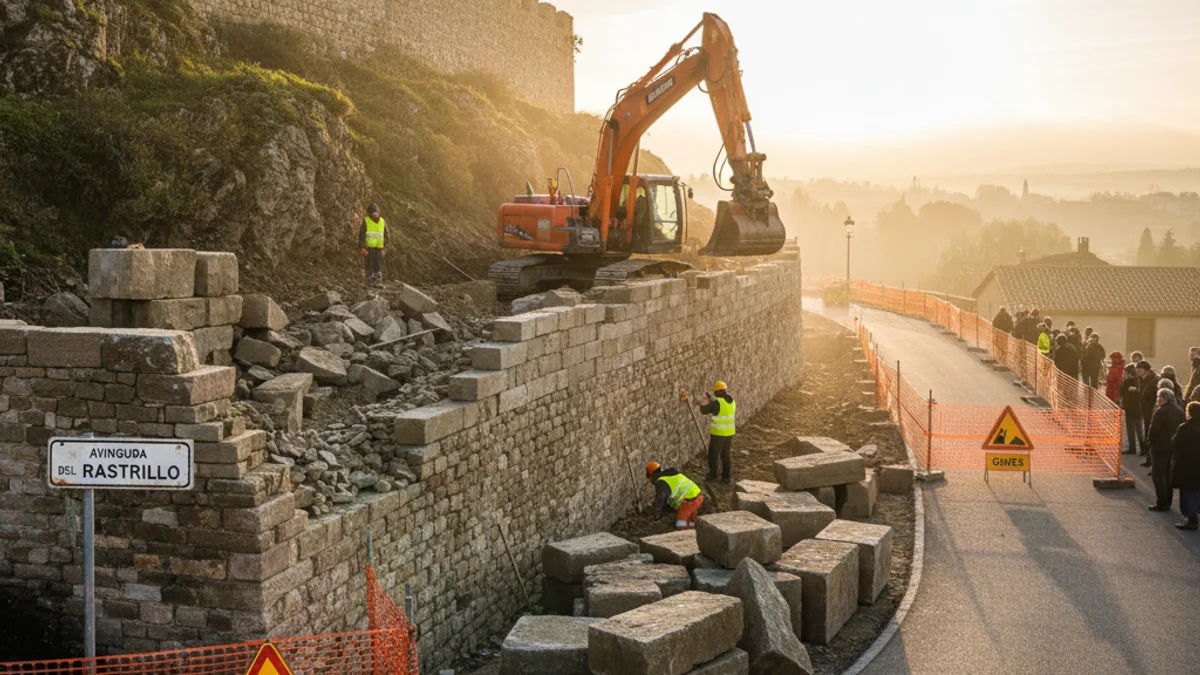Imatge genèrica de les obres de reconstrucció d'un mur de contenció amb pedra natural.