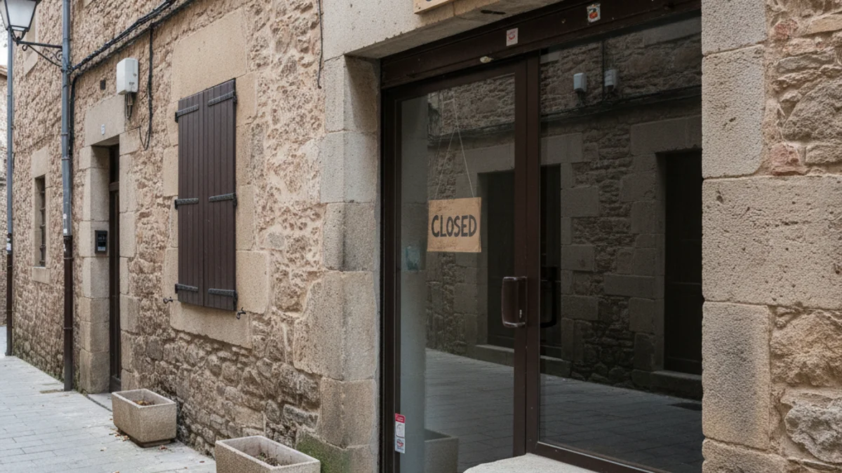 Imagen genérica de un local cerrado en el centro de un pueblo con un cartel de Cáritas.