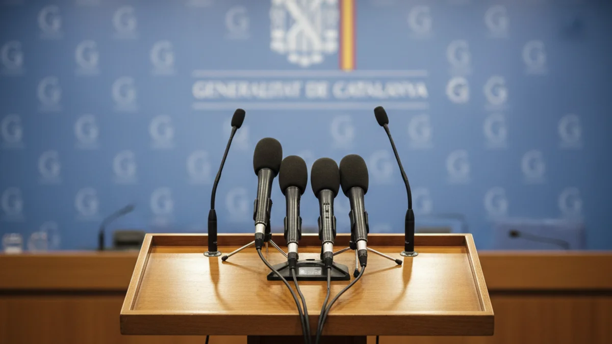 Generic image of microphones in a press room during a political announcement.