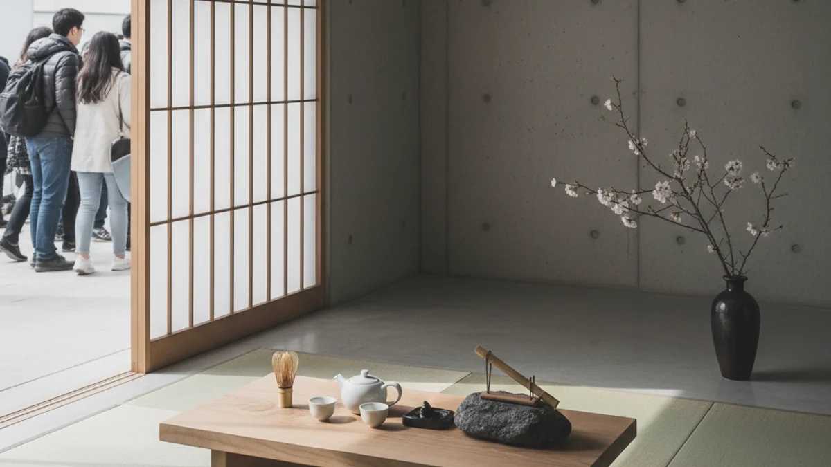 Imatge genèrica d'elements culturals japonesos com un pinzell de cal·ligrafia i flors de cirerer.