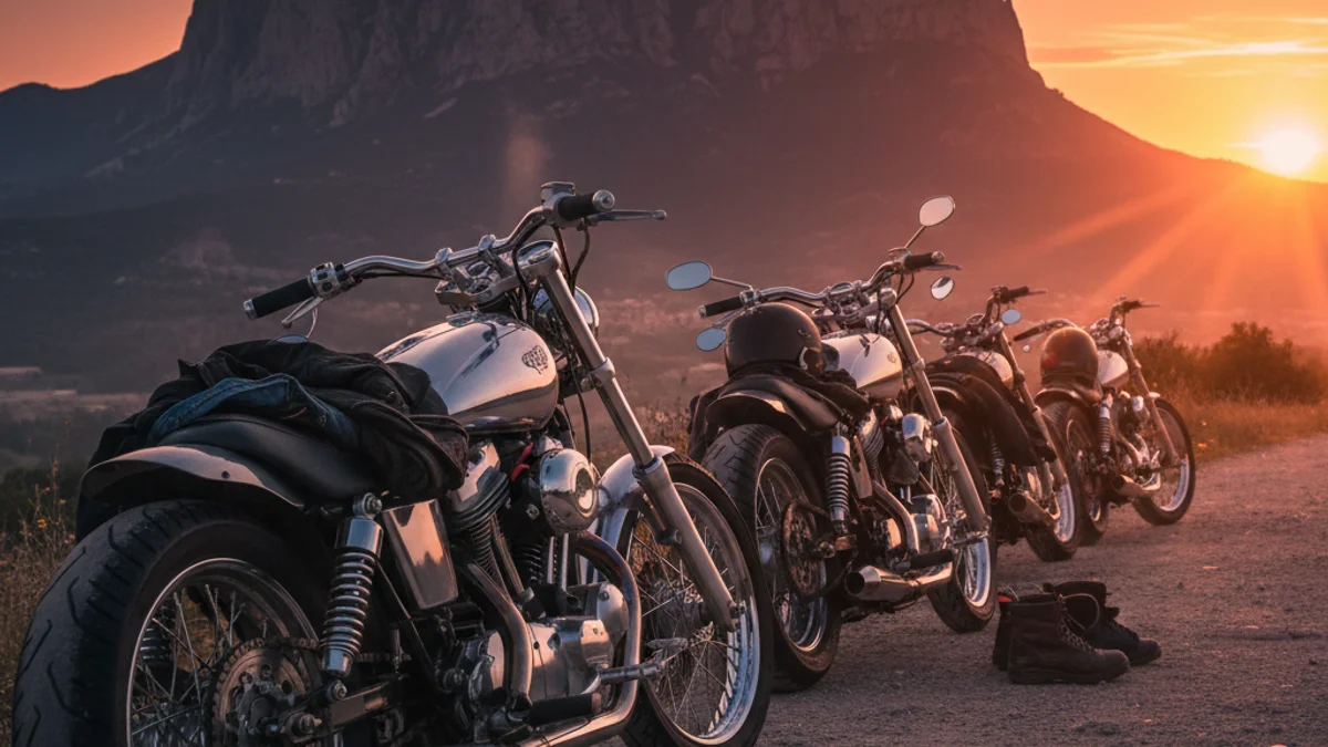 Imatge genèrica de motocicletes aparcades amb la muntanya de Montserrat al fons durant la posta de sol.