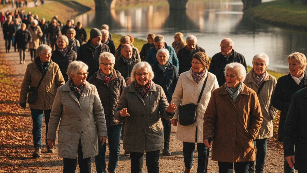 Imatge genèrica d'un grup de gent gran caminant per un entorn natural a prop d'un riu.