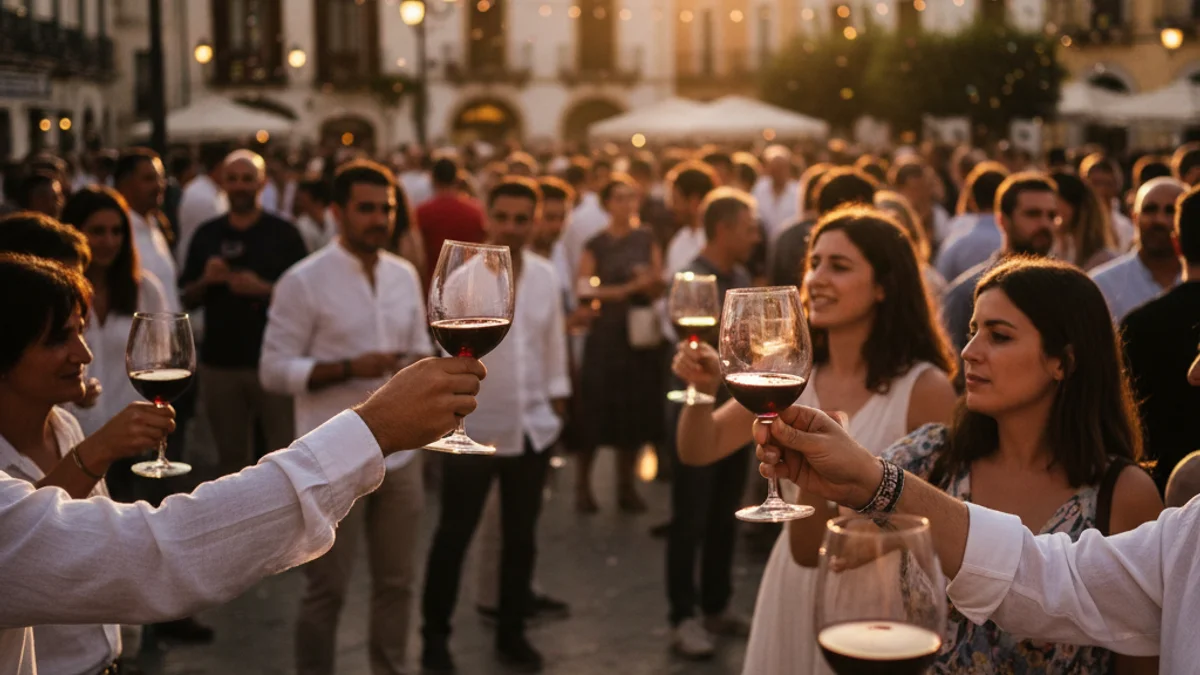 Imatge genèrica d'una fira del vi amb gent gaudint de l'ambient festiu en una plaça.
