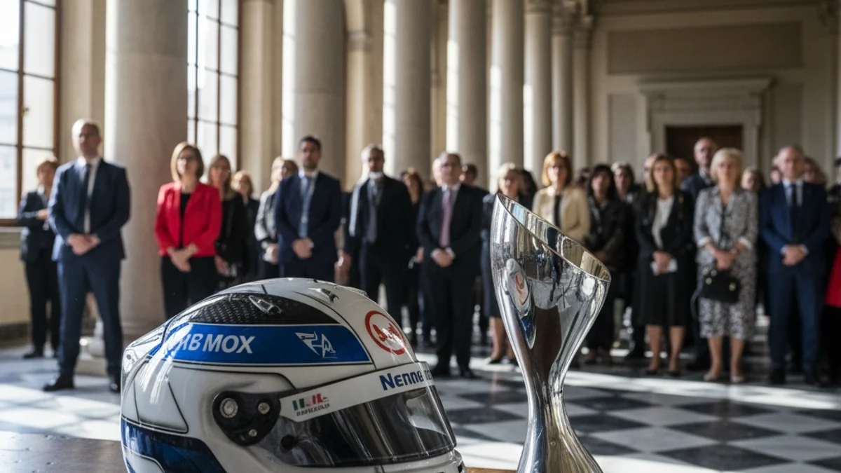 Imatge genèrica d'un trofeu i un casc de competició en un saló d'actes institucional.