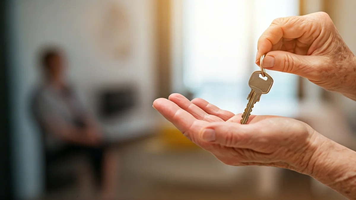 Imatge genèrica d'unes mans de persona gran agafant una clau, amb un fons desenfocat d'un apartament modern i accessible.