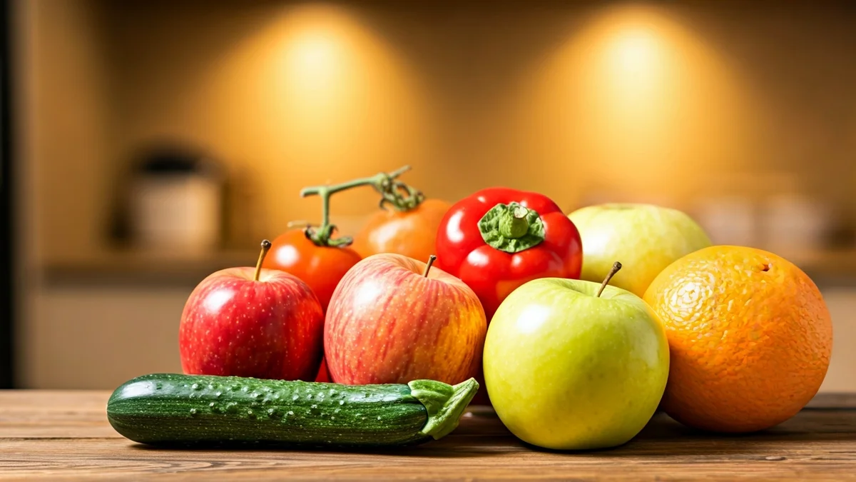 Imatge genèrica de fruites i verdures fresques sobre una taula de fusta, simbolitzant l'aprofitament alimentari.