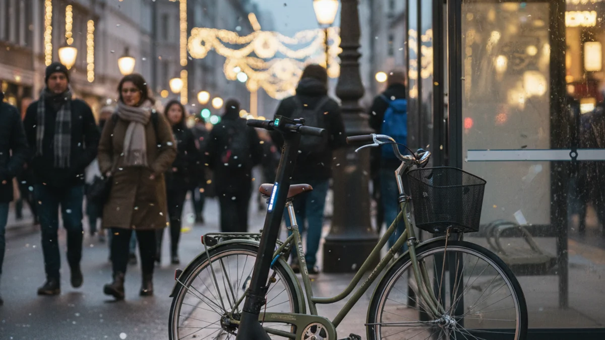 Imagen genérica de transportes alternativos como un patinete eléctrico y una bicicleta en una zona urbana.