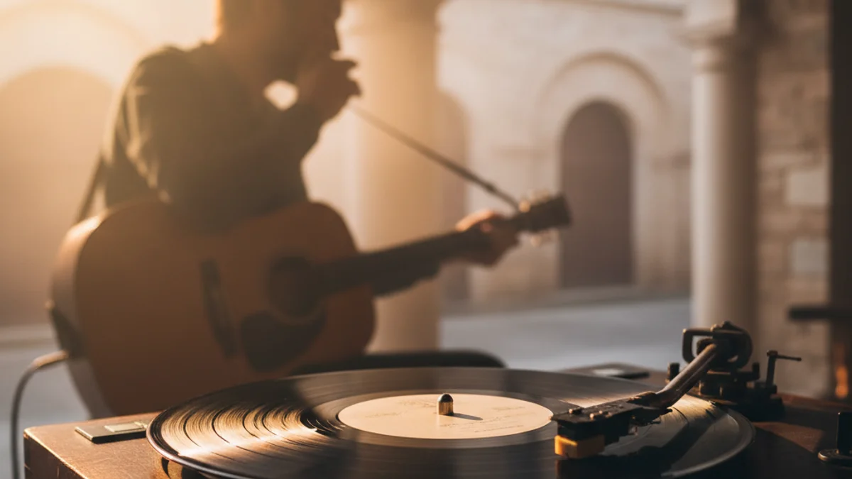 Generic image of a vinyl record spinning on a turntable under colored lights at a concert.