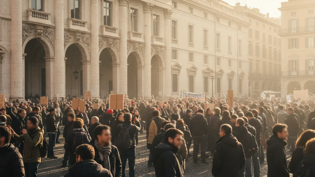 Imatge genèrica d'una concentració ciutadana davant d'un edifici institucional en una plaça pública.