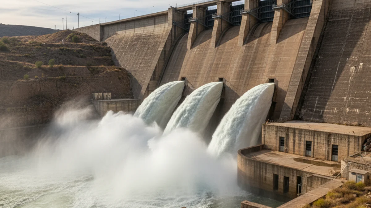 Imatge genèrica d'una gran presa d'aigua alliberant cabal en un riu regulat.