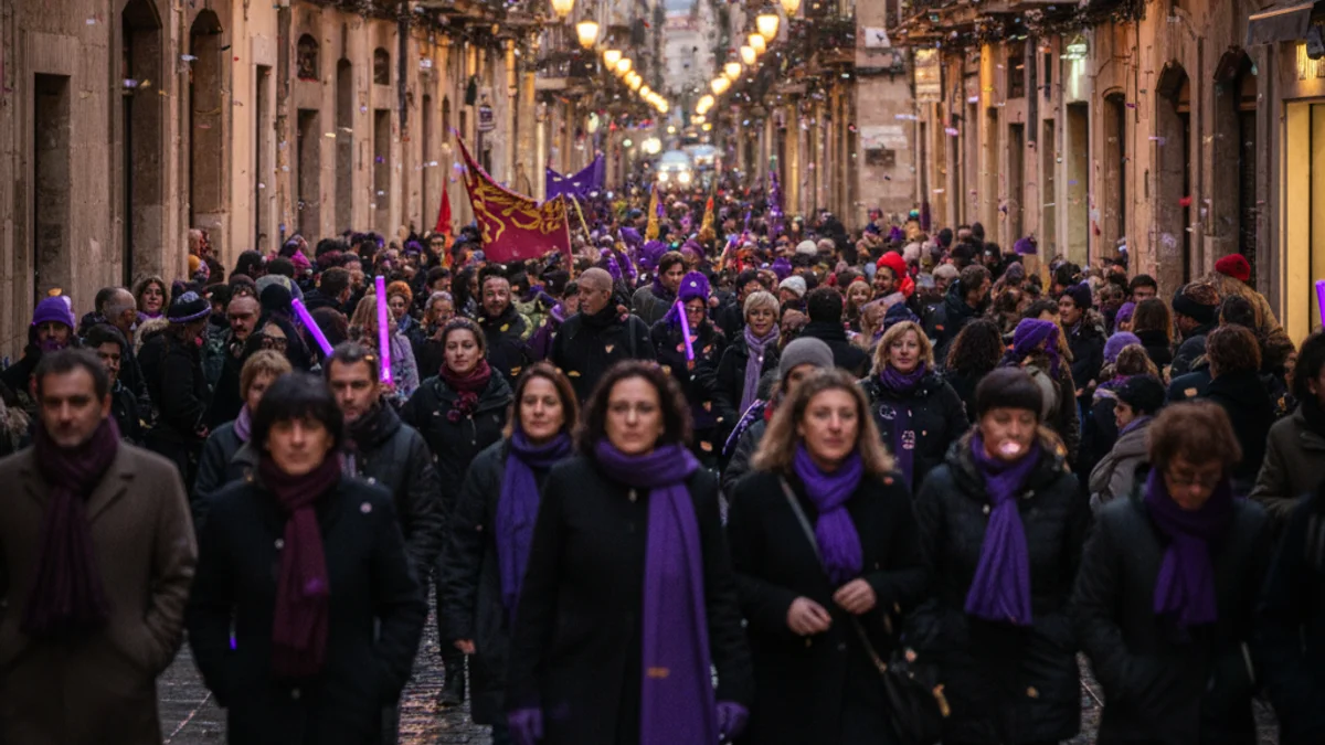 Imatge genèrica d'una multitud en una manifestació reivindicativa amb motius de color lila.
