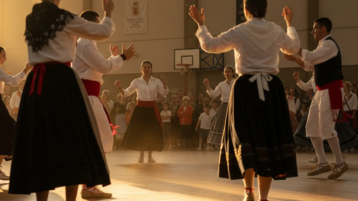 Generic image of a group of people practicing traditional folk dances in a municipal sports hall.