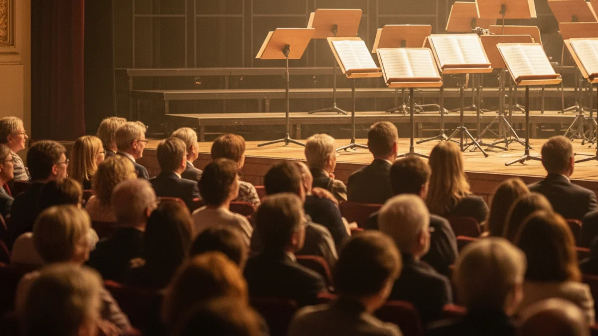 Imatge genèrica d'un escenari de teatre amb il·luminació càlida durant un concert de corals.