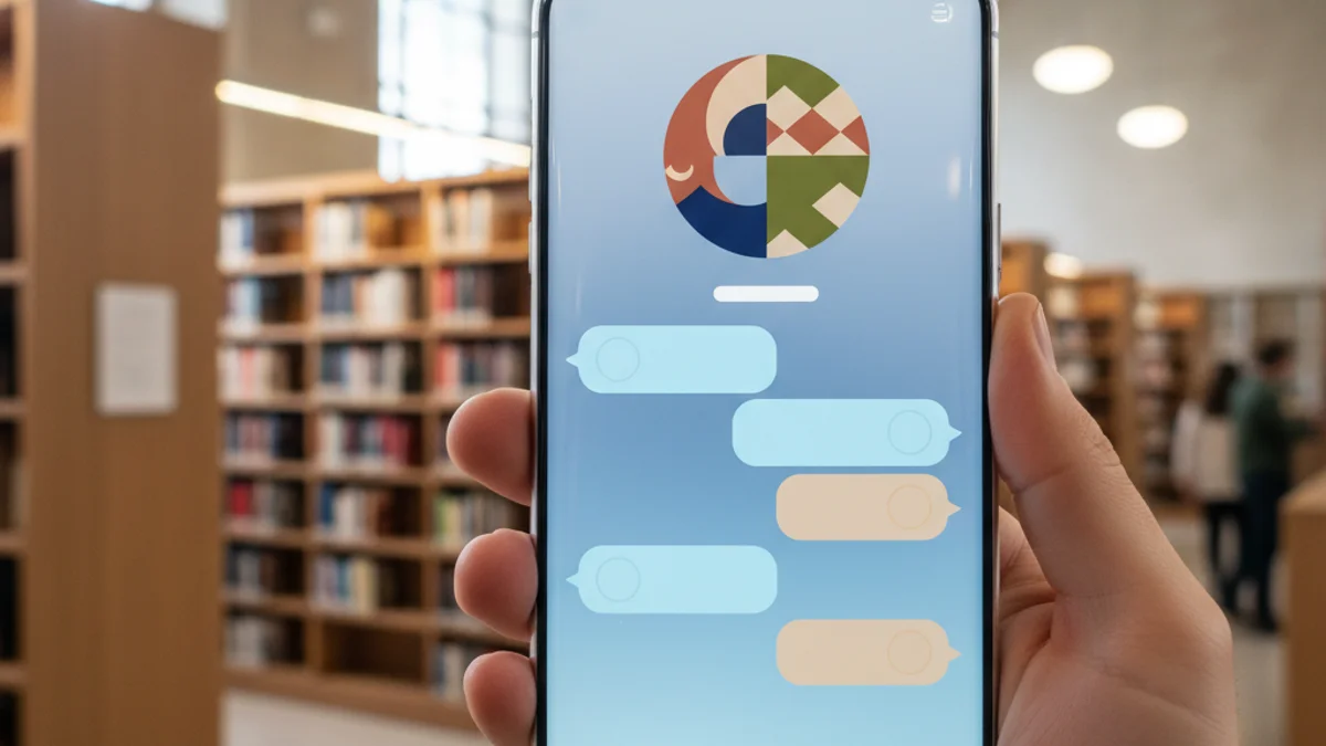 Imagen genérica de una interfaz de chat digital en un dispositivo móvil dentro de una biblioteca.