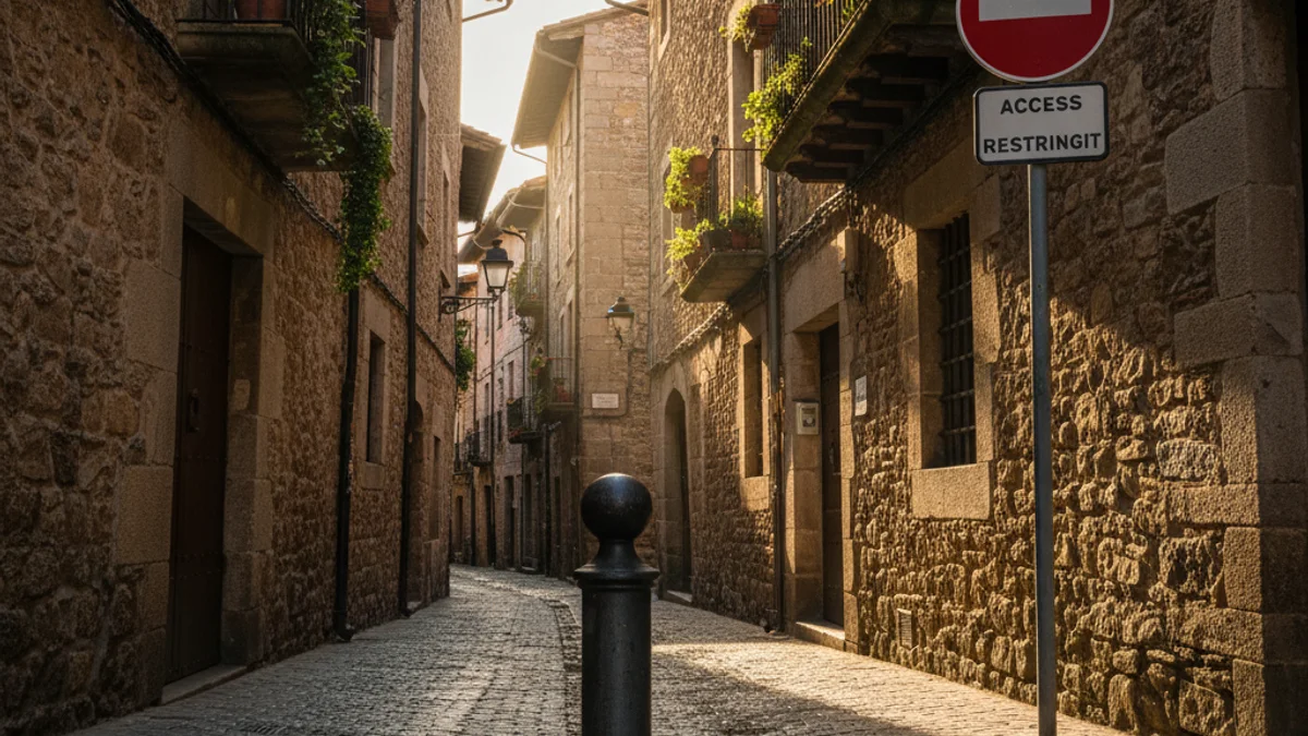 Imagen genérica de una calle histórica con señalización de tráfico restringido.