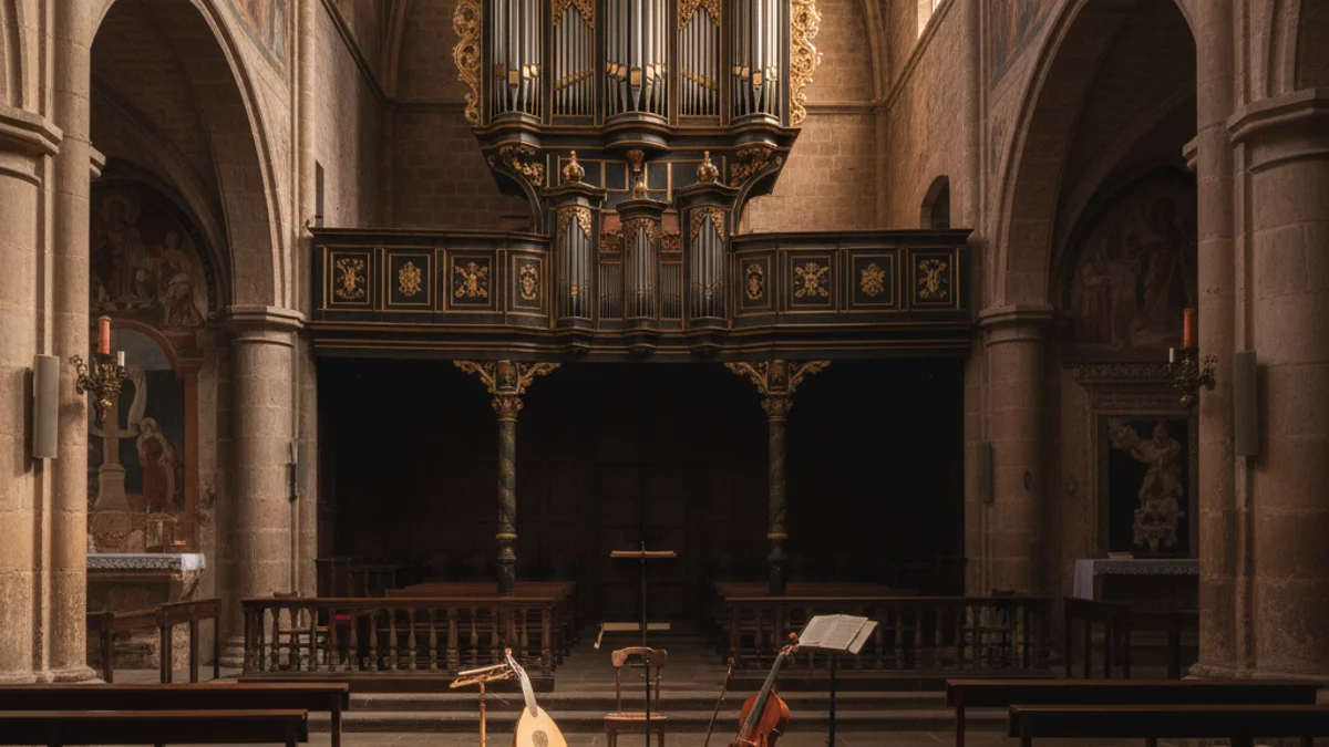 Imatge genèrica de l'interior d'una església històrica preparada per a un concert de música clàssica.
