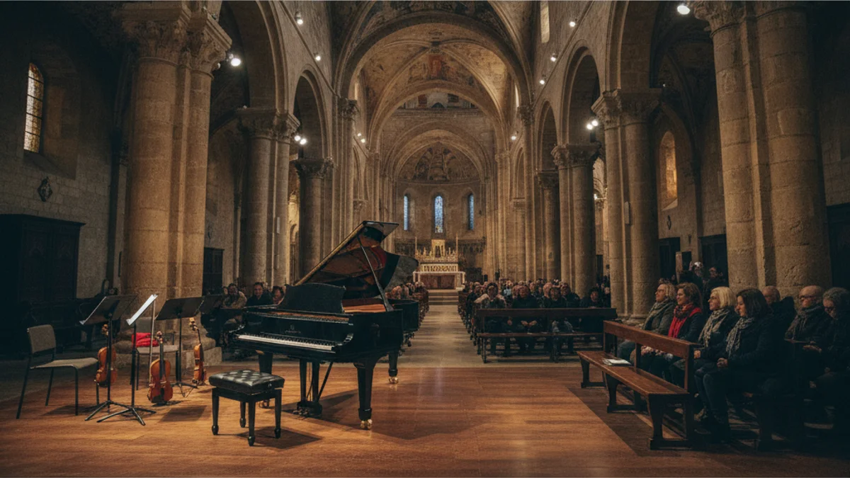 Imatge genèrica de l'interior d'una església històrica preparada per a un concert de música clàssica.