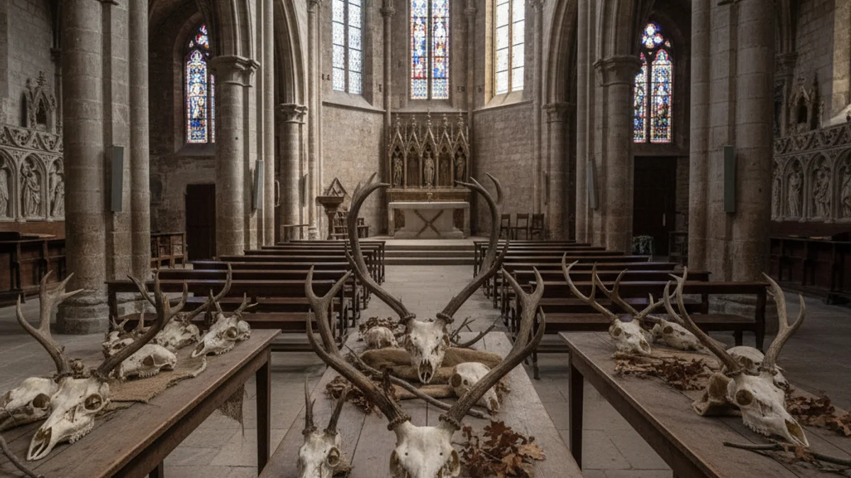 Generic image of a collection of deer antlers and skulls displayed in a historical setting.