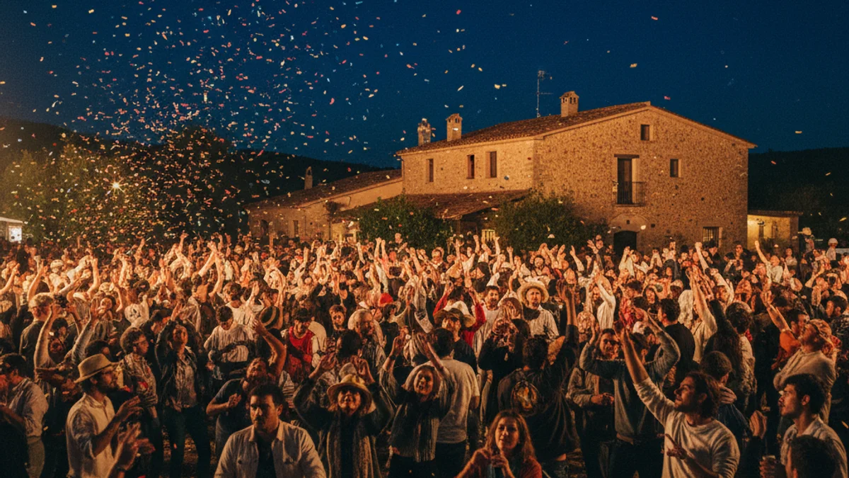 Imatge genèrica d'un festival de música a l'aire lliure durant la nit amb una masia al fons.