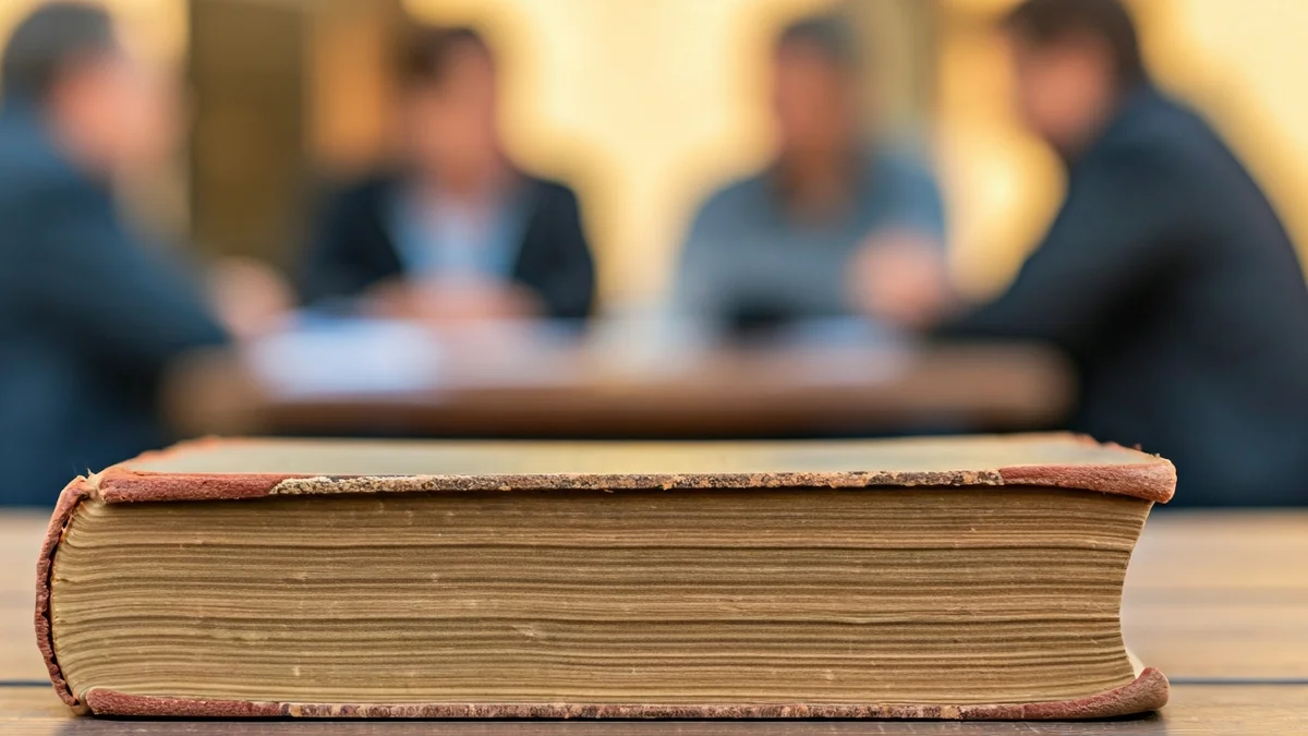 Imatge genèrica d'un llibre antic sobre una taula, amb figures difuminades al fons, simbolitzant la memòria i el debat.