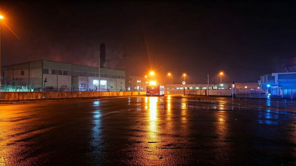 Imatge genèrica de llums d'emergència reflectint-se en un carrer de nit, amb un edifici industrial al fons.