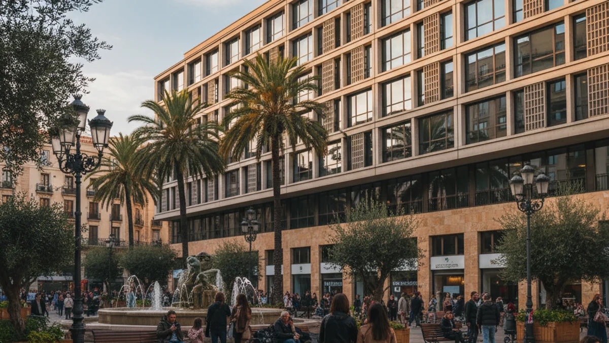 Imatge genèrica de l'exterior d'un edifici d'oficines emblemàtic en una plaça urbana.