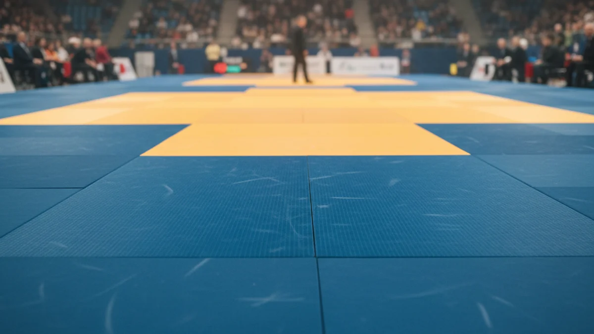 Imatge genèrica d'un tatami de judo en un pavelló de competició.