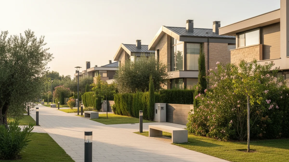 Imatge genèrica d'una zona residencial de luxe amb cases unifamiliars i jardins cuidats.