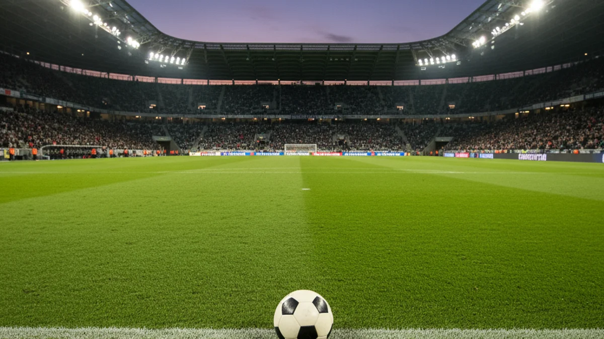 Generic image of a football on the grass of a professional stadium under floodlights.