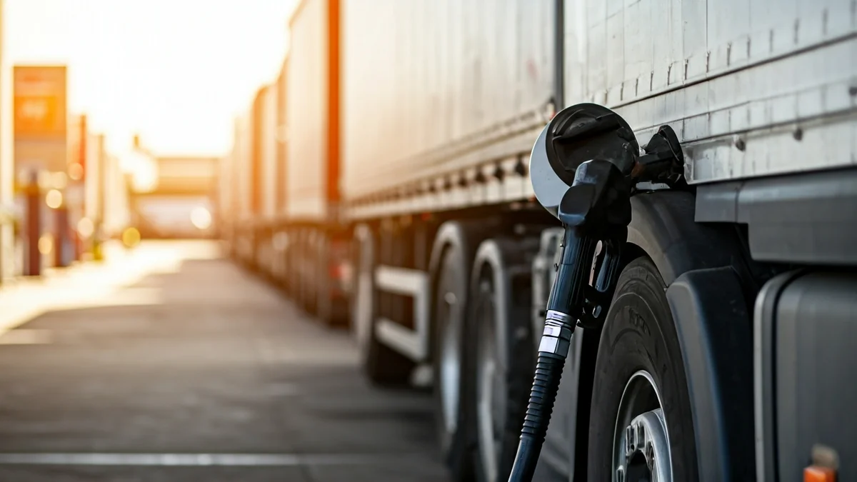 Imatge genèrica d'un camió repostant gasoil en una benzinera, amb altres camions fent cua al fons.