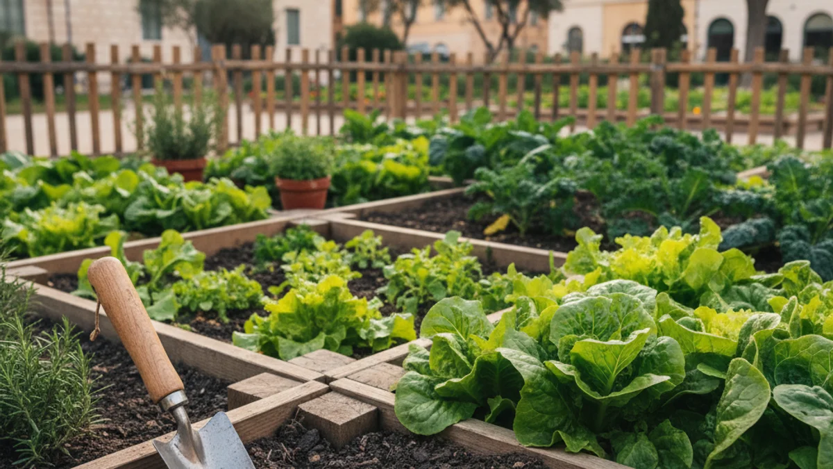 Generic image of keys over a community garden with green crops in the background.