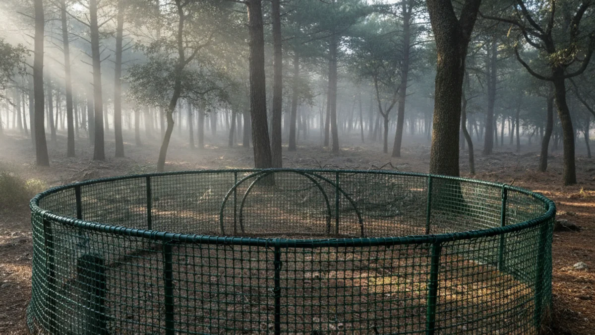 Imatge genèrica d'una trampa de xarxa instal·lada en un bosc per al control de fauna salvatge.