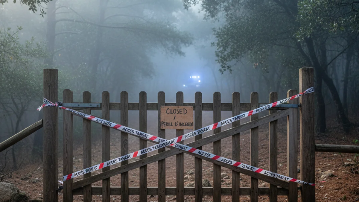 Generic image of a forest path closed with safety tape in a Mediterranean woodland environment.